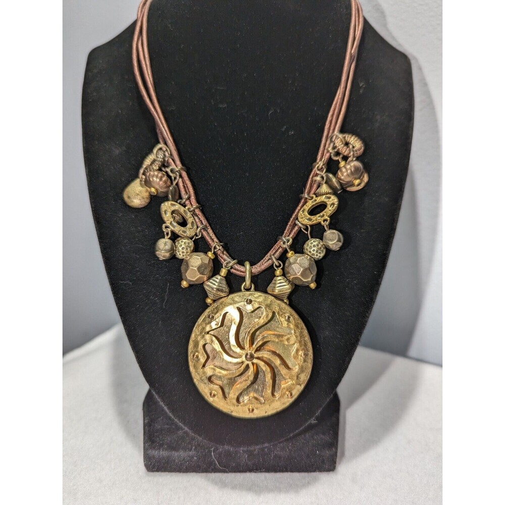 Boho Brass Pendant and Beads on Copper Brown Cord